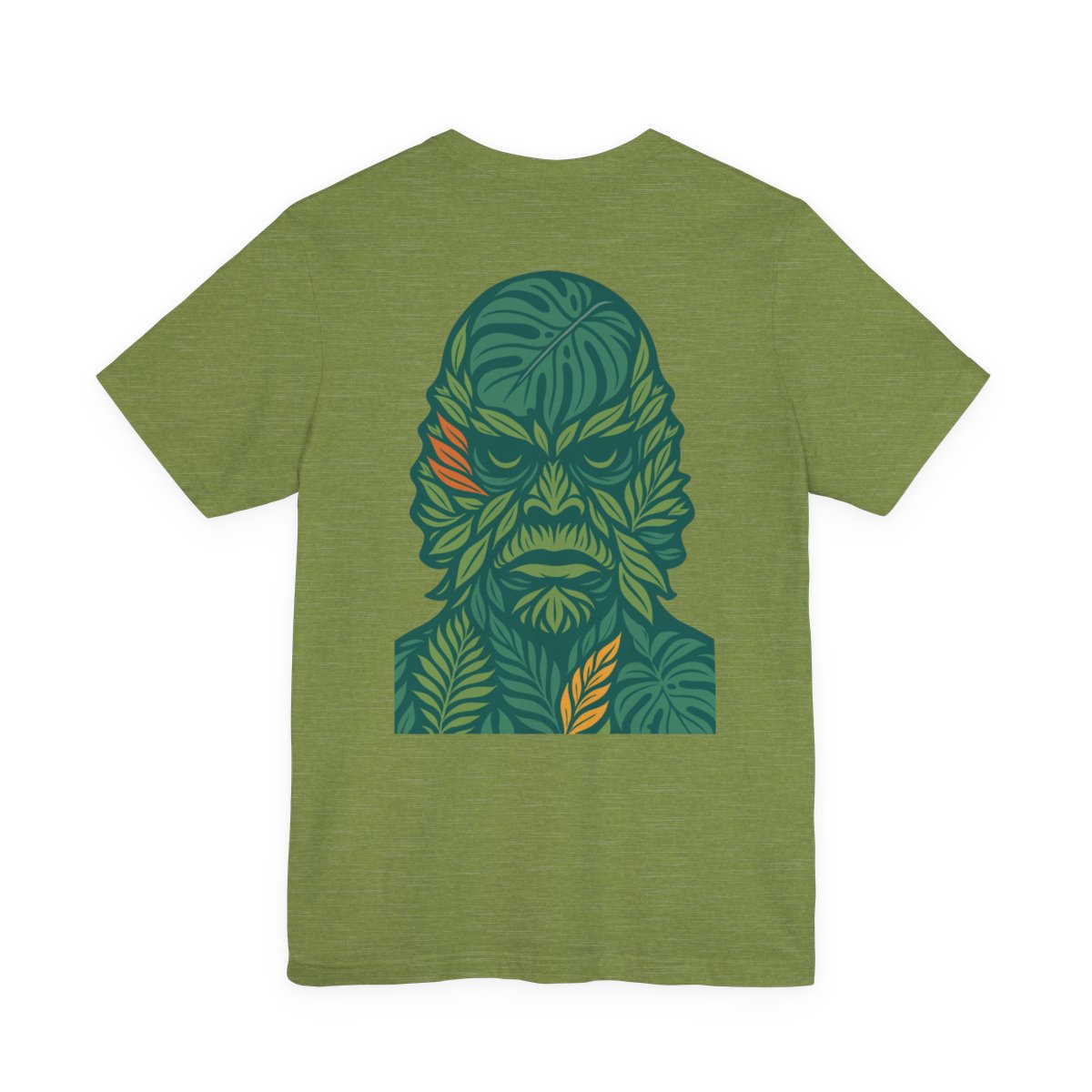 Green t-shirt with a leaf-patterned creature graphic on the back. Left Coast Supply