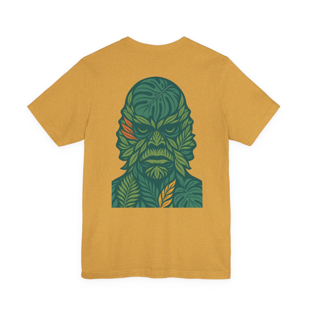 Yellow t-shirt with a leaf-patterned creature graphic on the back. Left Coast Supply
