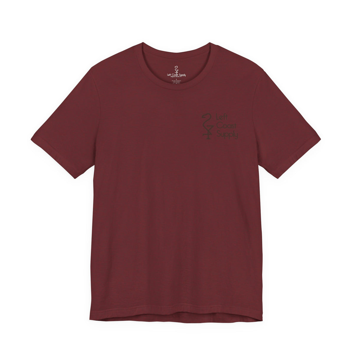 Maroon t-shirt with a can of cranberry sauce graphic on the back, Left Coast Supply
