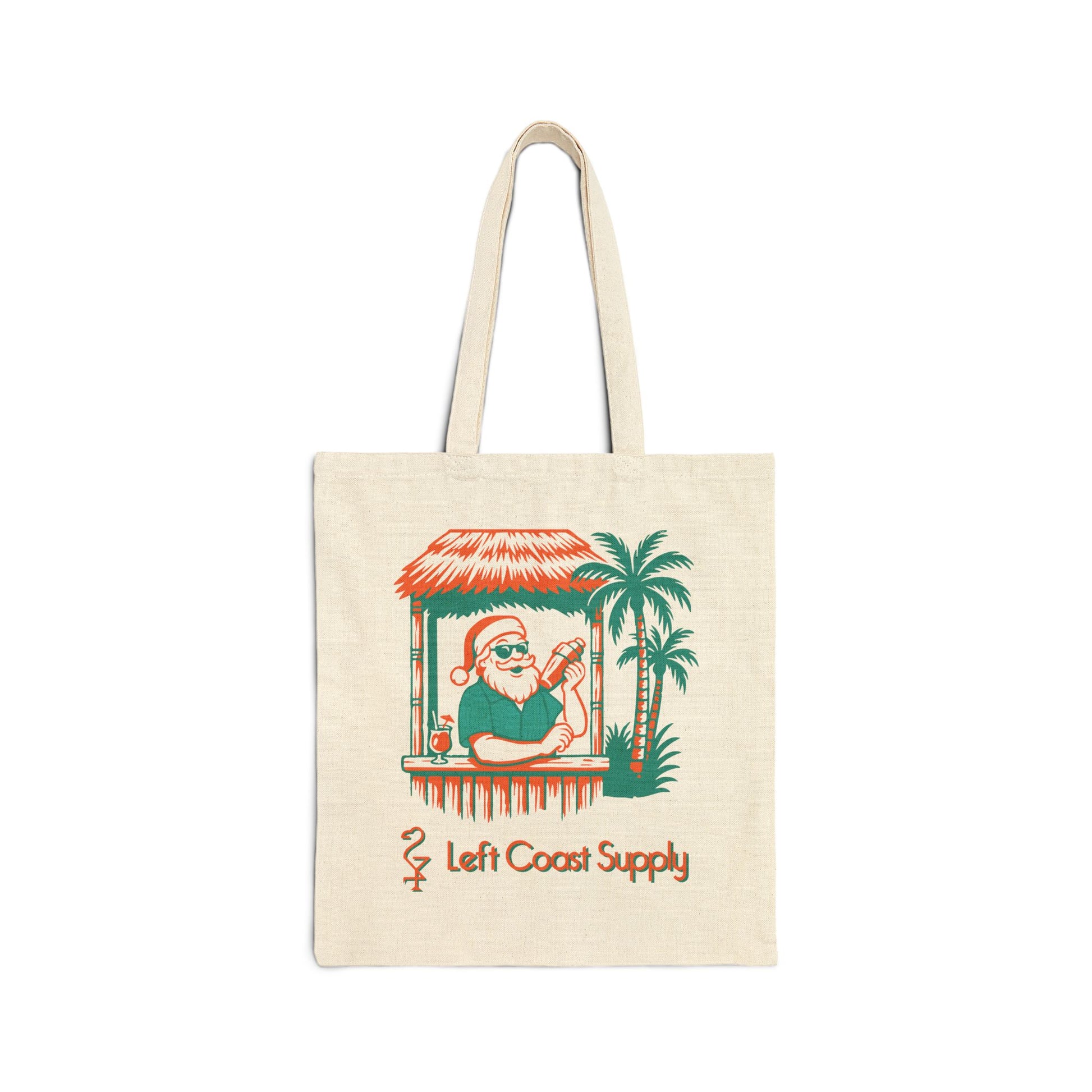Tote bag with a tropical design featuring a character in a hut and palm trees, with 'Left Coast Supply' branding.
