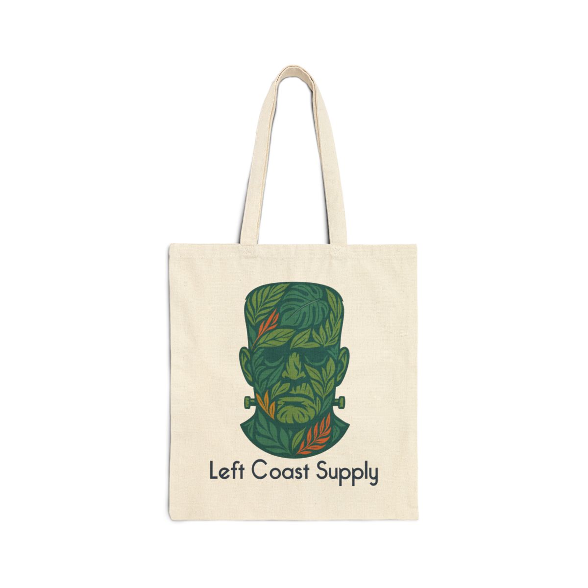 An off-white canvas tote bag with two shoulder straps, featuring a stylized green Frankenstein's monster head graphic made of leaves, with the text 'Left Coast Supply' printed below, on a solid white background.