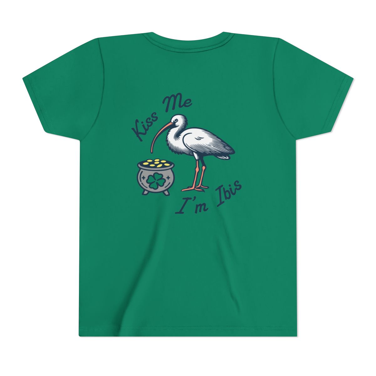 Green kids' t-shirt with a graphic of an ibis bird holding a pot of gold and the text 'Kiss Me I'm Ibis'. Left Coast Supply