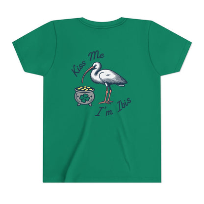 Green kids' t-shirt with a graphic of an ibis bird holding a pot of gold and the text 'Kiss Me I'm Ibis'. Left Coast Supply
