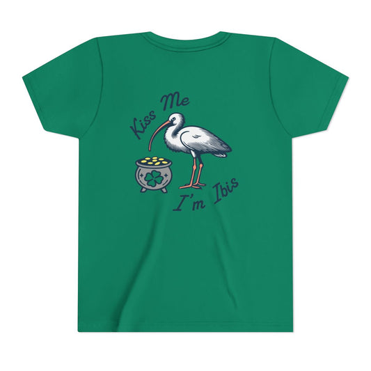 Green kids' t-shirt with a graphic of an ibis bird holding a pot of gold and the text 'Kiss Me I'm Ibis'. Left Coast Supply