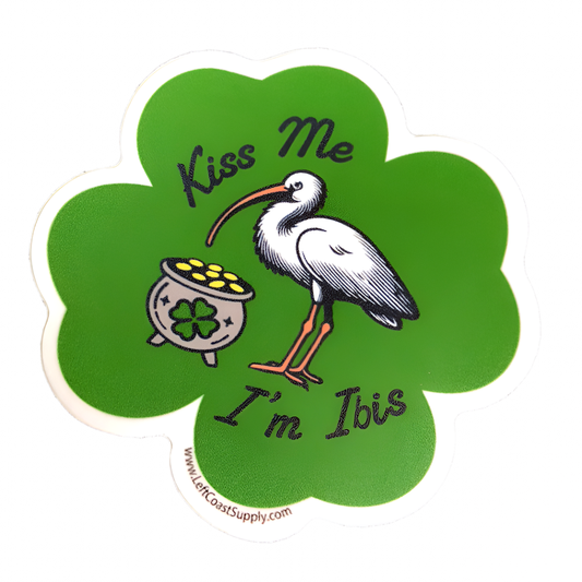 Green four leaf clover sticker with a pot of gold and ibis. Left Coast Supply