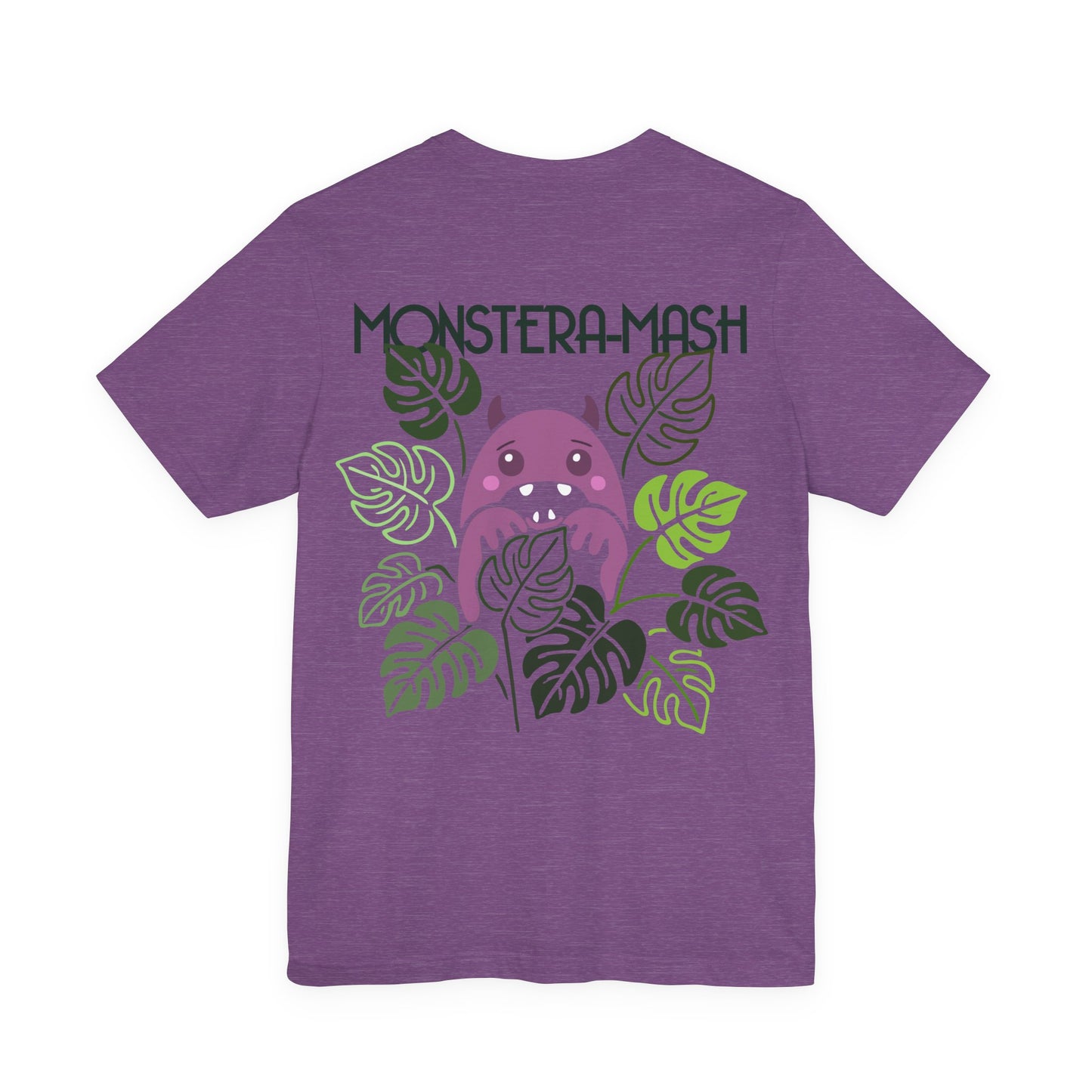 Purple t-shirt with a graphic of a monster and leaves on the back. Left Coast Supply