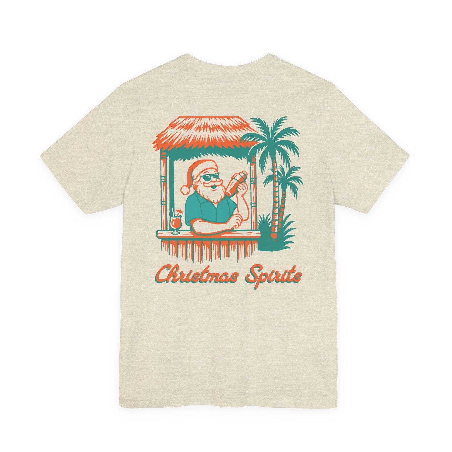 Beige t-shirt with a tropical Santa Claus graphic and 'Christmas Spirits'. Left Coast Supply
