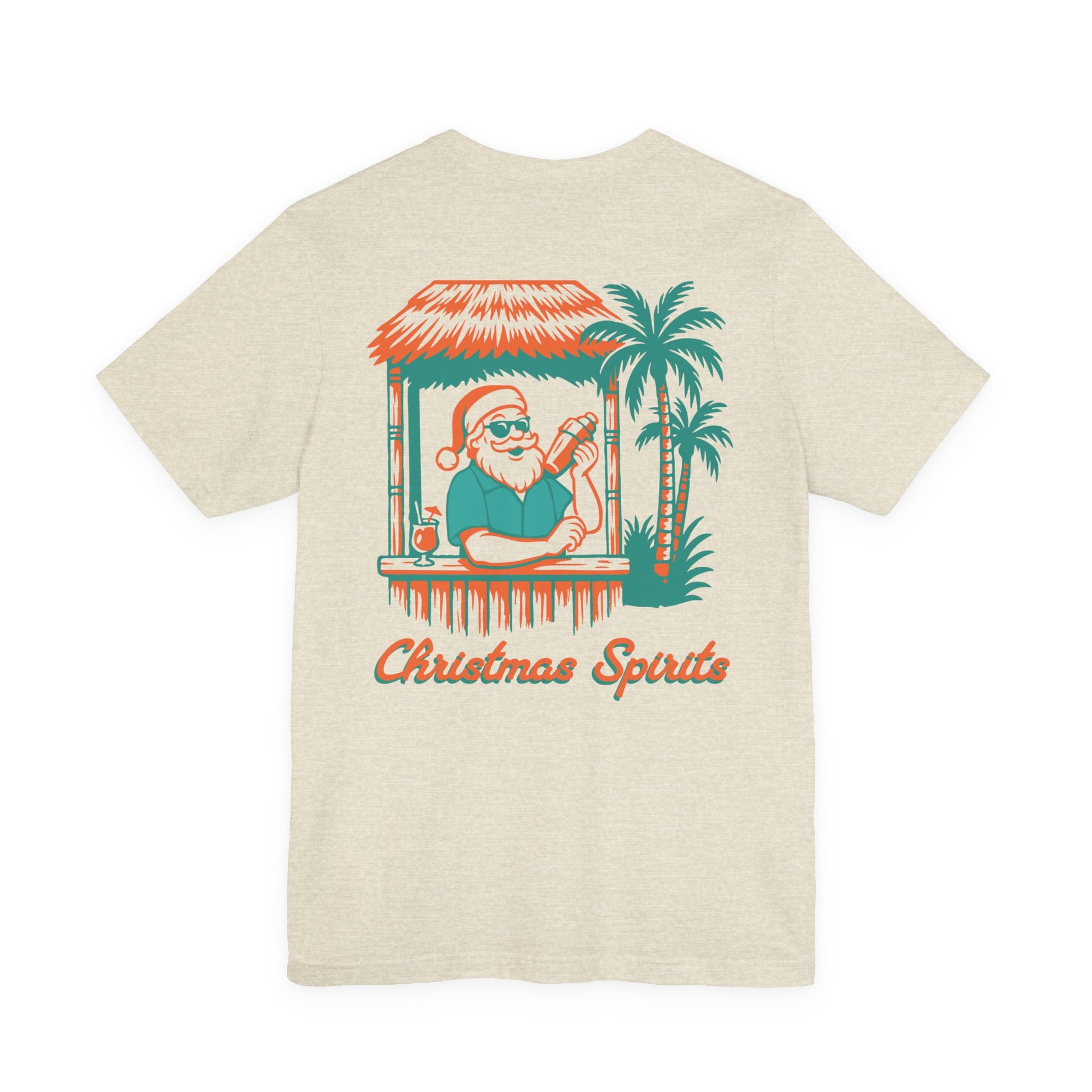 Beige t-shirt with a tropical Santa Claus graphic and 'Christmas Spirits'. Left Coast Supply