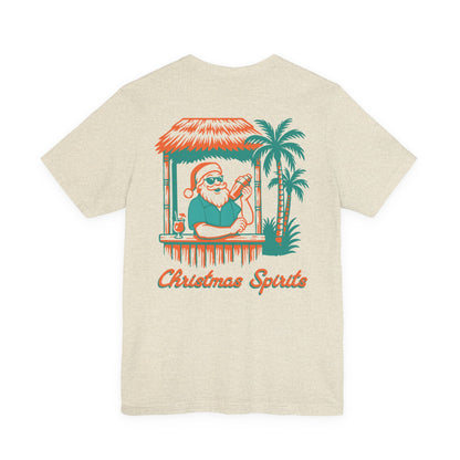 Beige t-shirt with a tropical Santa Claus graphic and 'Christmas Spirits'. Left Coast Supply