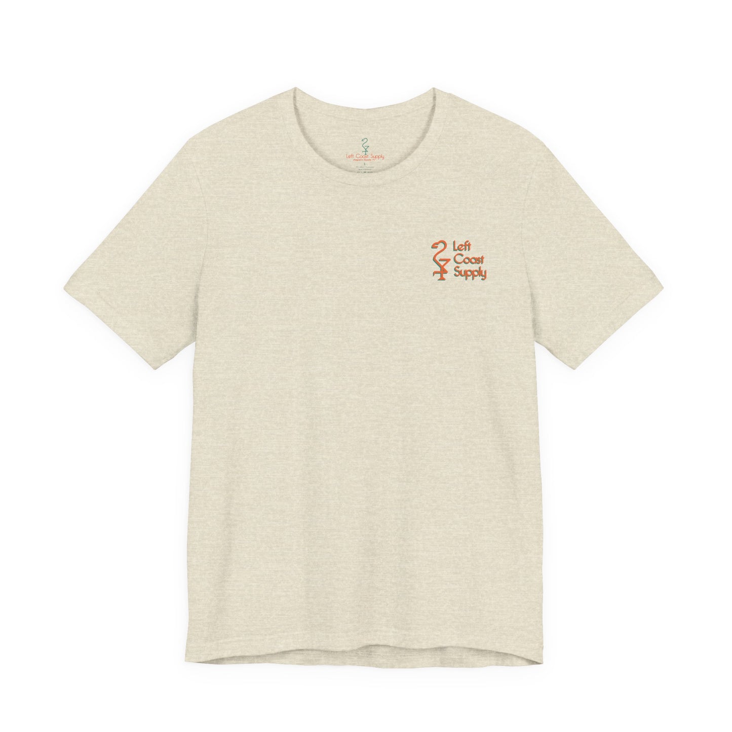 Beige t-shirt with a tropical Santa Claus graphic and 'Christmas Spirits'. Left Coast Supply