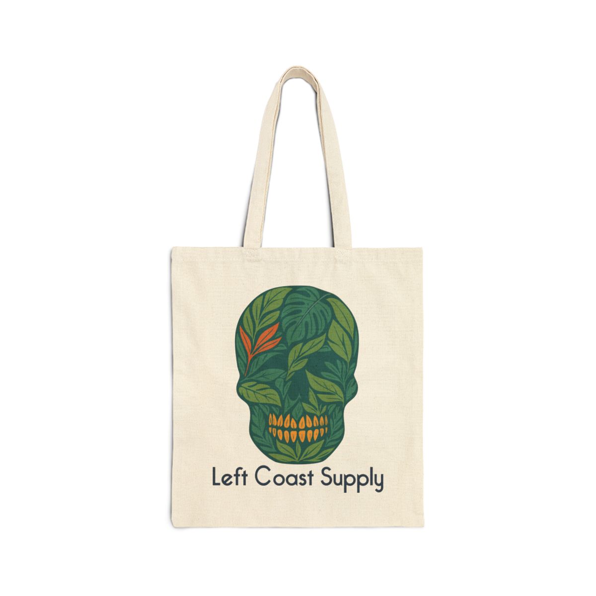 An off-white canvas tote bag with two shoulder straps, featuring a green leaf-patterned skull graphic and the text 'Left Coast Supply' printed below it, set against a plain white background.
