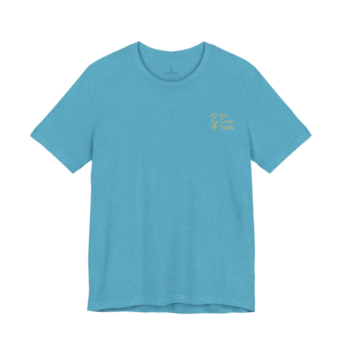 Blue t-shirt with yellow graphic of sunset with souvenirs for locals written. Left Coast Supply