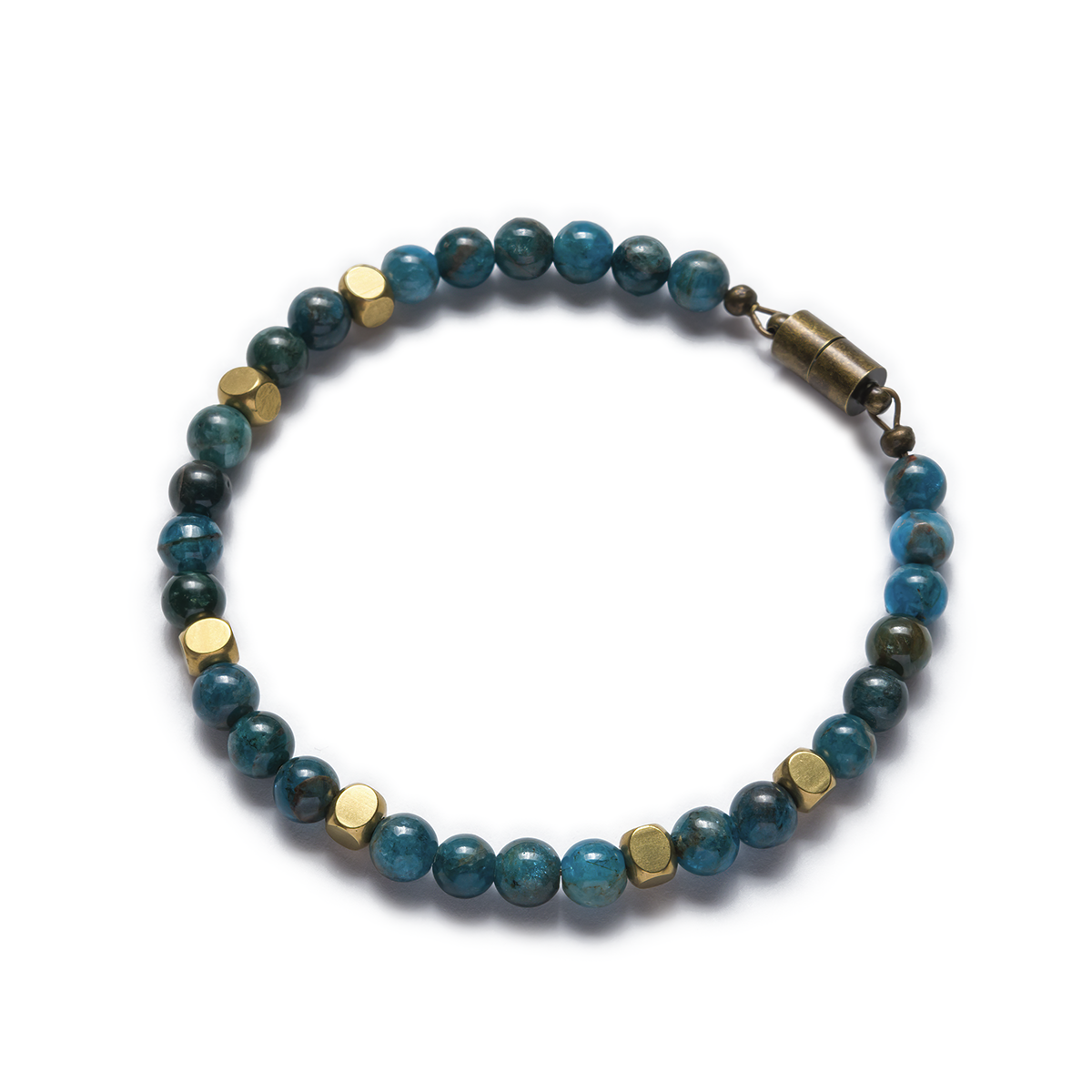 A bracelet with blue apatite beads and brass accents, featuring a brass magnetic clasp. Left Coast Supply
