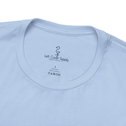 Light blue t-shirt with black bikini and martini pattern. Left Coast Supply
