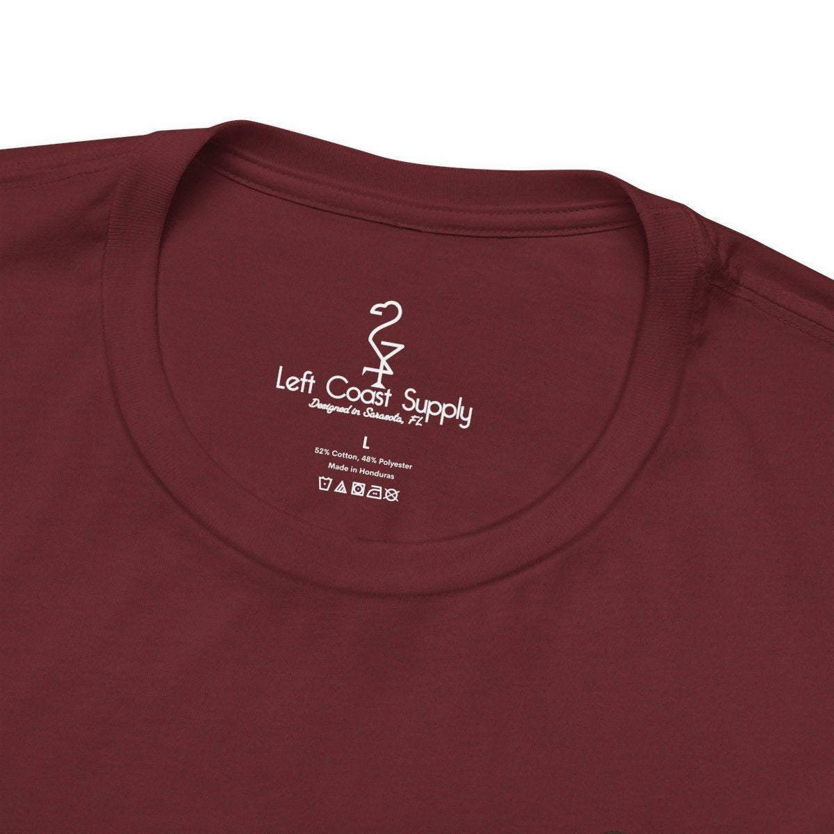 Maroon t-shirt with a can of cranberry sauce graphic on the back, Left Coast Supply
