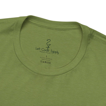 Purple t-shirt with a graphic of a monster and leaves on the back. Left Coast Supply