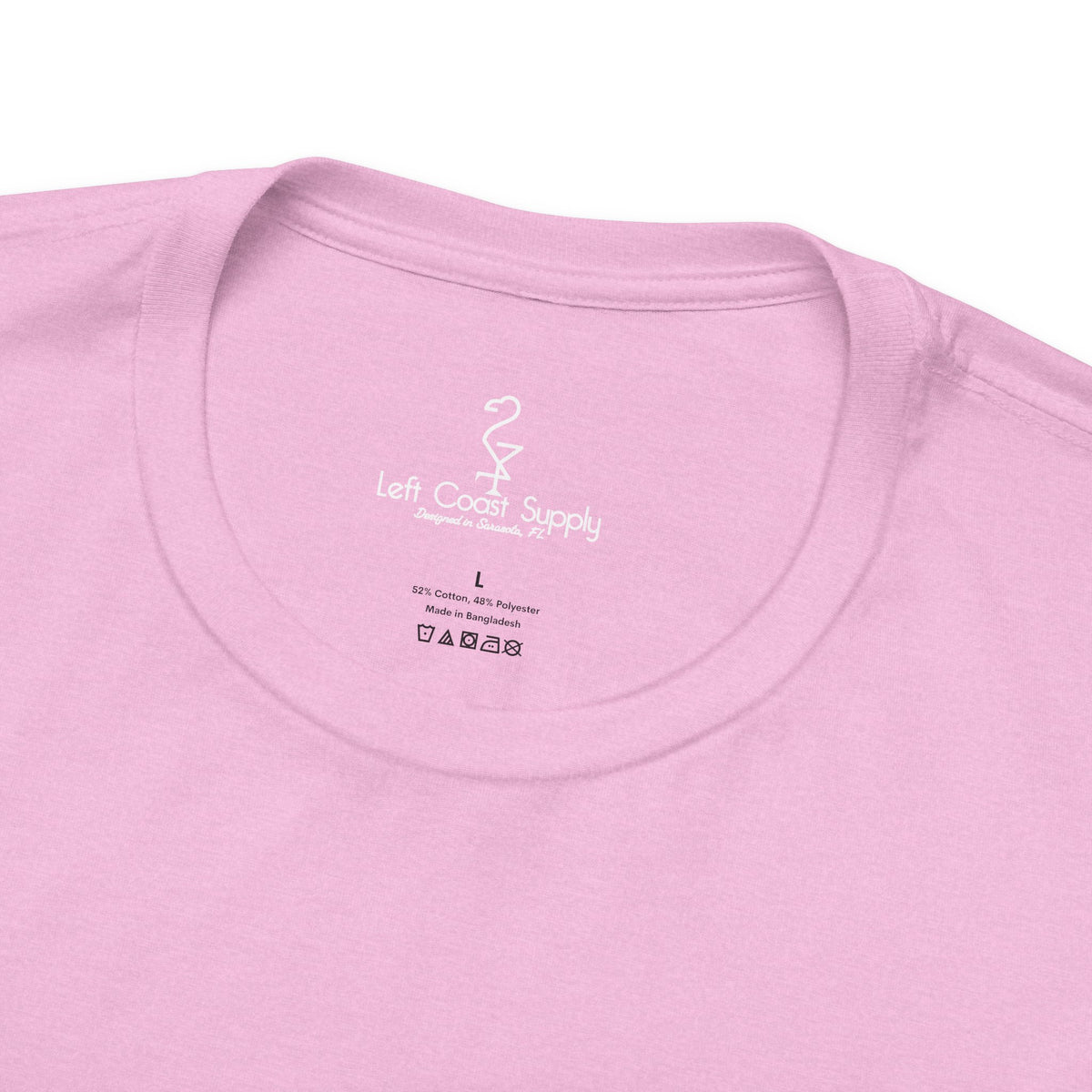 Pink t-shirt with white flamingo and duck design on the back Left Coast Supply