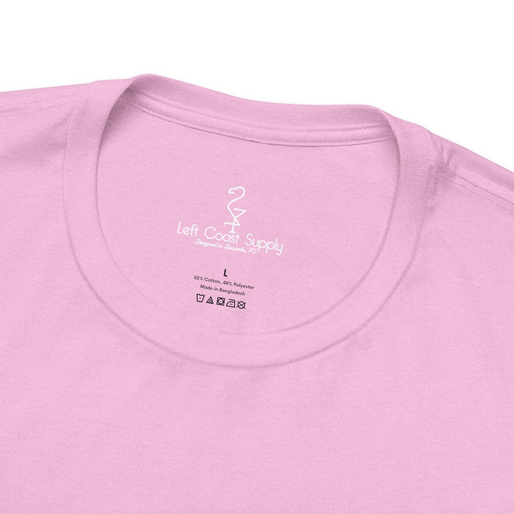 Pink t-shirt with white flamingo and duck design on the back Left Coast Supply