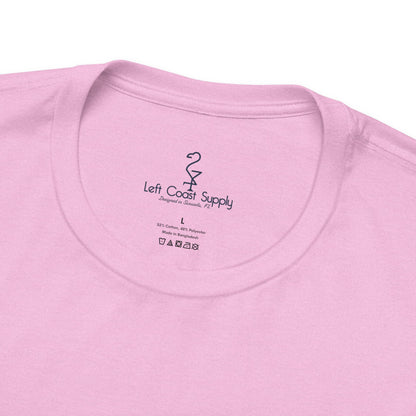 Pink t-shirt with a black flamingo graphic on the back left coast supply