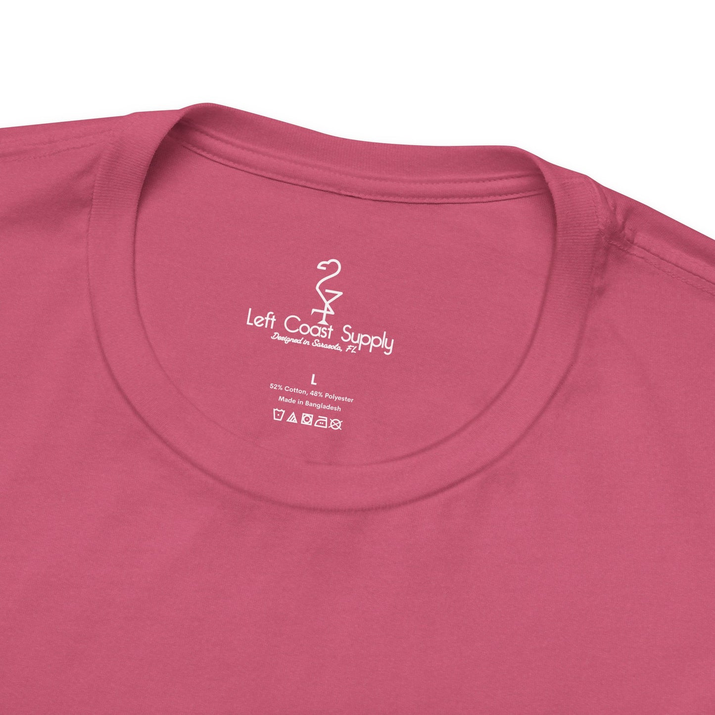 Pink t-shirt with white flamingo and duck design on the back Left Coast Supply