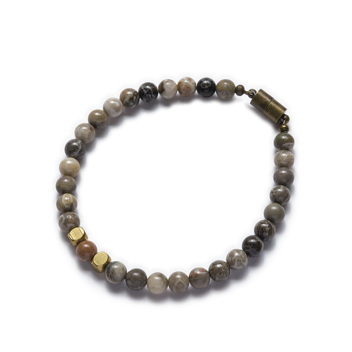 A bracelet featuring round fossil coral beads and raw brass details, with a magnetic clasp. Left Coast Supply