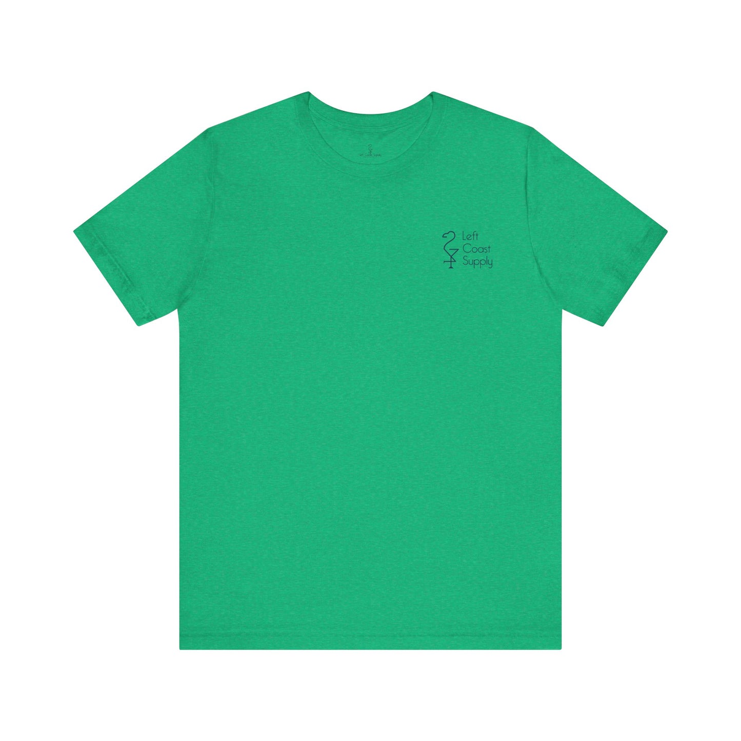 A green crew neck t-shirt with a graphic print of a white ibis bird, a pot of gold, and the text 'Kiss Me I'm Ibis'. Left Coast Supply