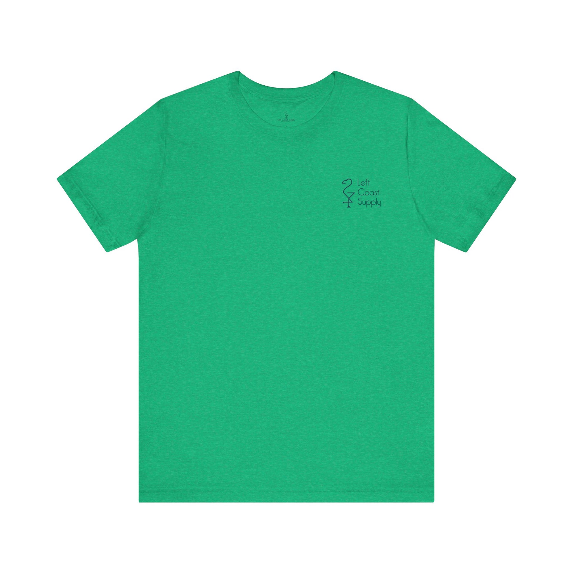 A green crew neck t-shirt with a graphic print of a white ibis bird, a pot of gold, and the text 'Kiss Me I'm Ibis'. Left Coast Supply