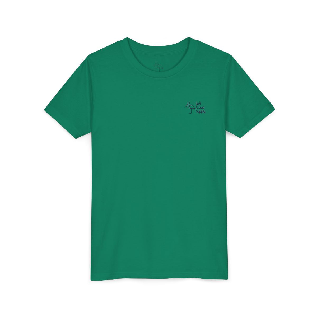 Green kids' t-shirt with a graphic of an ibis bird holding a pot of gold and the text 'Kiss Me I'm Ibis'. Left Coast Supply