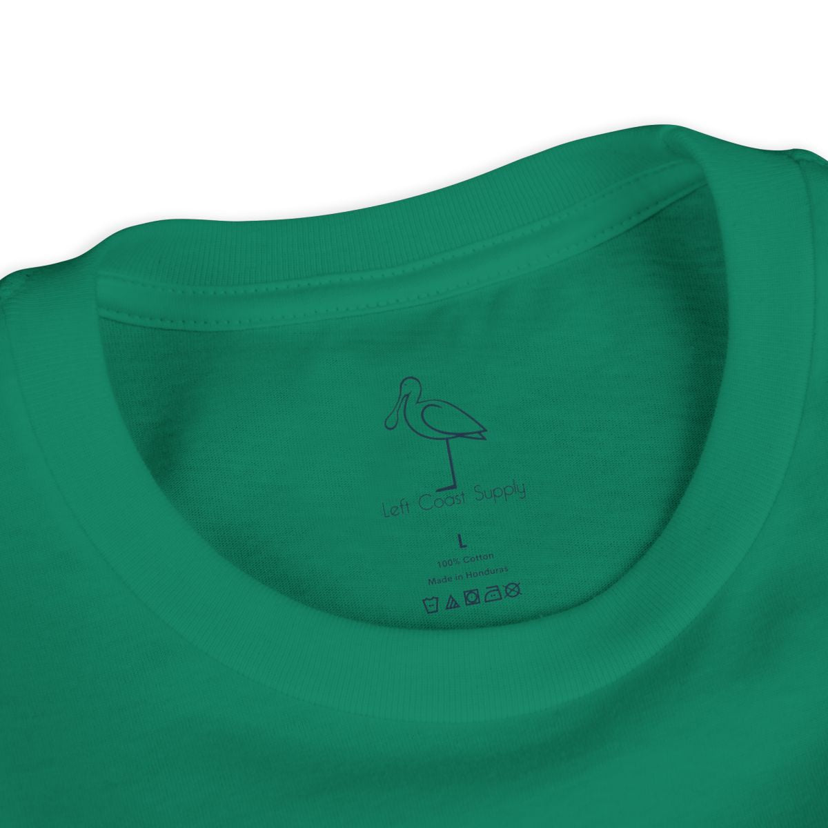 Green kids' t-shirt with a graphic of an ibis bird holding a pot of gold and the text 'Kiss Me I'm Ibis'. Left Coast Supply