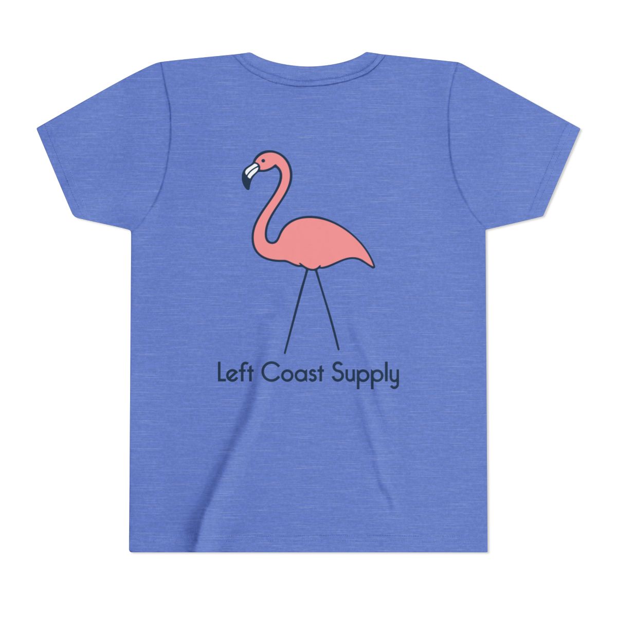 Blue kids t-shirt with a pink flamingo graphic and 'Left Coast Supply'