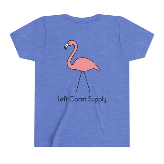 Blue kids t-shirt with a pink flamingo graphic and 'Left Coast Supply'