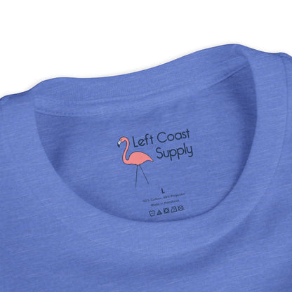 Blue kids t-shirt with a pink flamingo graphic and 'Left Coast Supply'