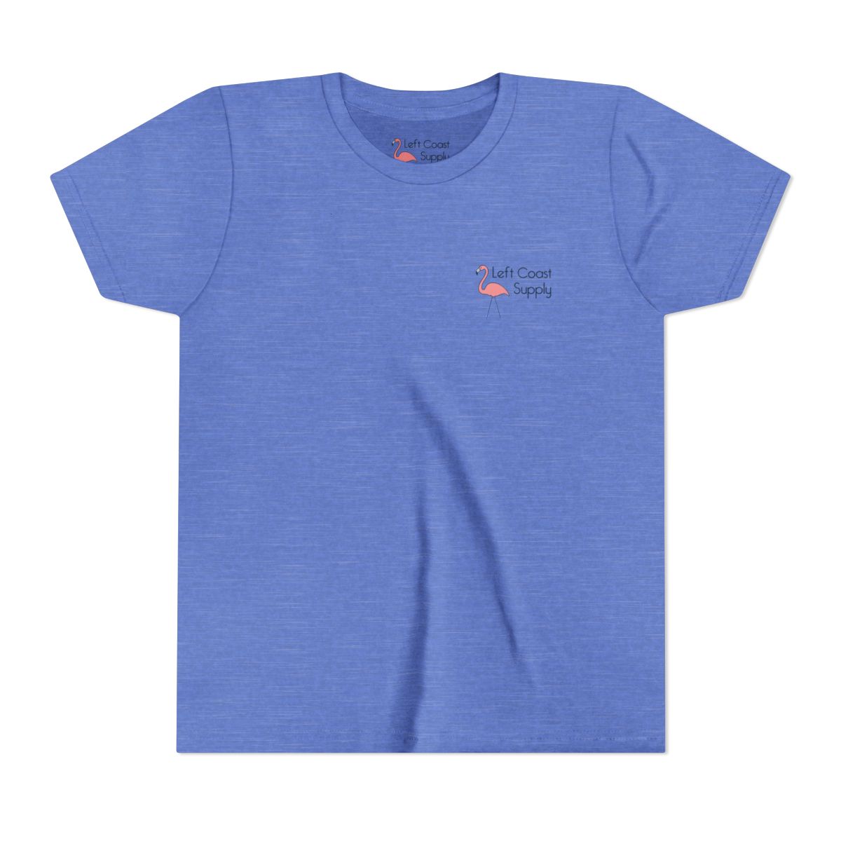 Blue kids t-shirt with a pink flamingo graphic and 'Left Coast Supply'