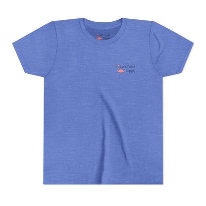 Blue kids t-shirt with a pink flamingo graphic and 'Left Coast Supply'