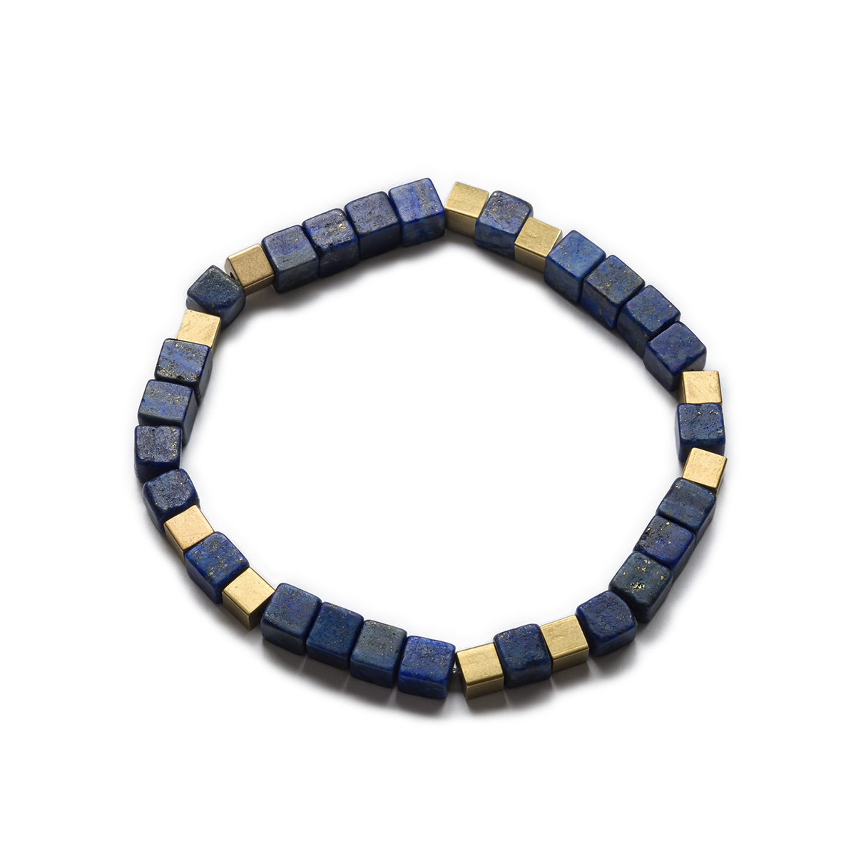 A stretch bracelet made of square-cut lapis lazuli beads and raw brass accents, with a no-fuss fit. Left Coast Supply
