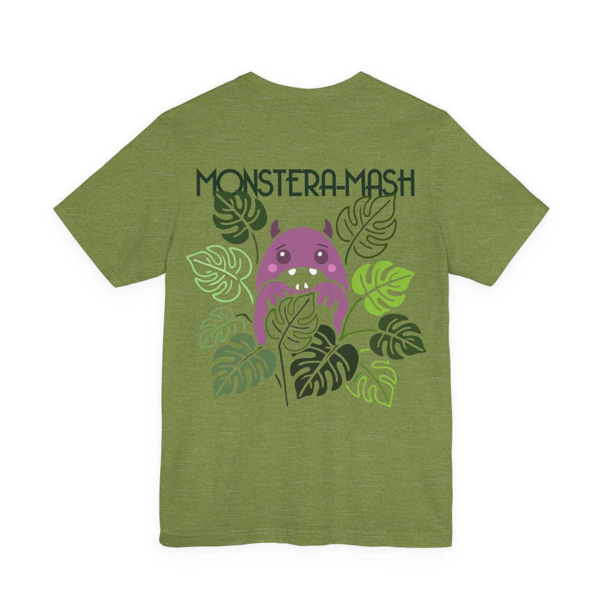 Green t-shirt with a graphic of a monster and leaves on the back. Left Coast Supply