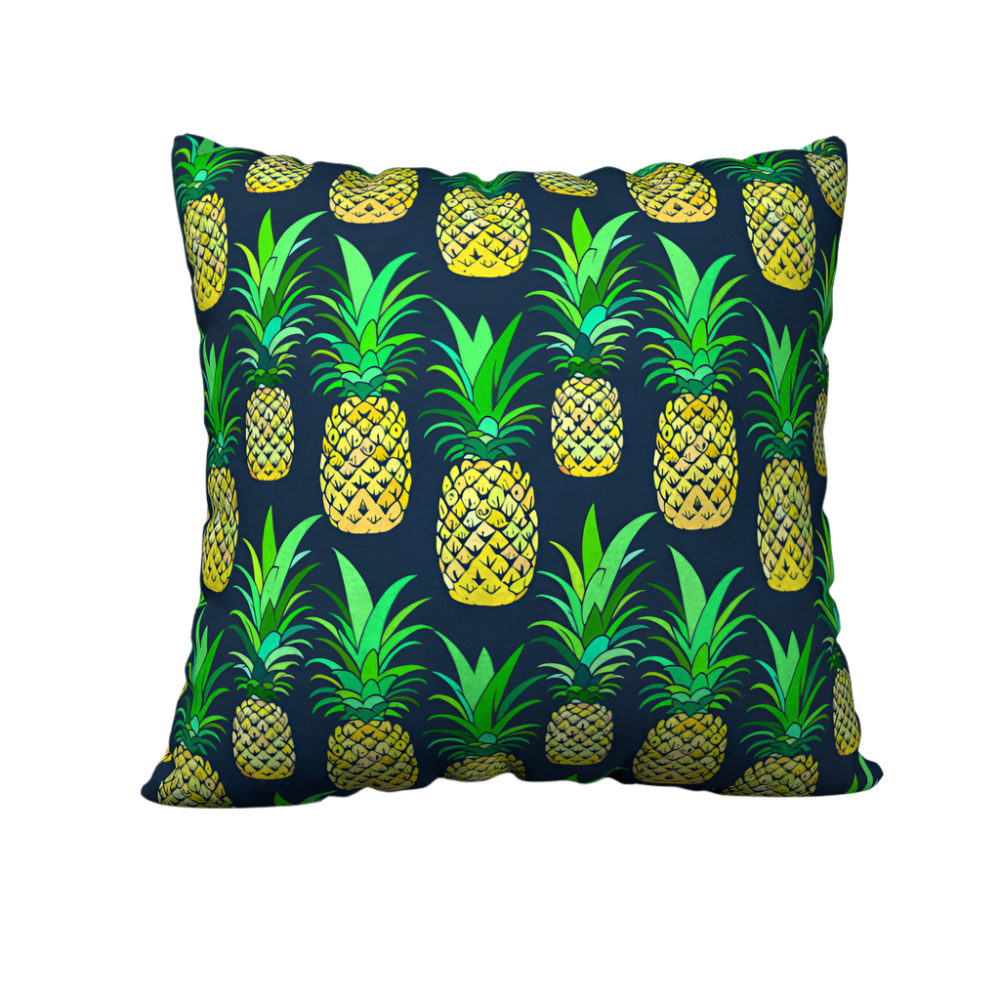 Throw pillow cover with a deep navy background featuring a colorful pineapple pattern in shades of green and yellow. Left Coast Supply