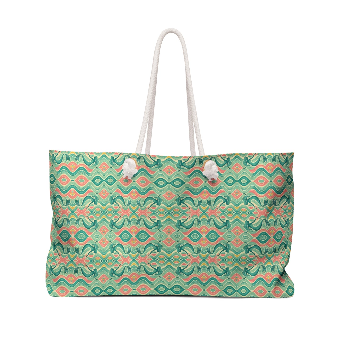 Beach tote with a watercolor pattern featuring mermaids and sunset hues, with white nautical rope handles. Left Coast Supply