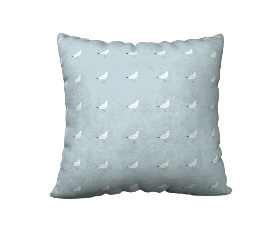 Light blue pillow case with seagulls. Left Coast Supply
