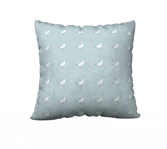 Light blue pillow case with seagulls. Left Coast Supply