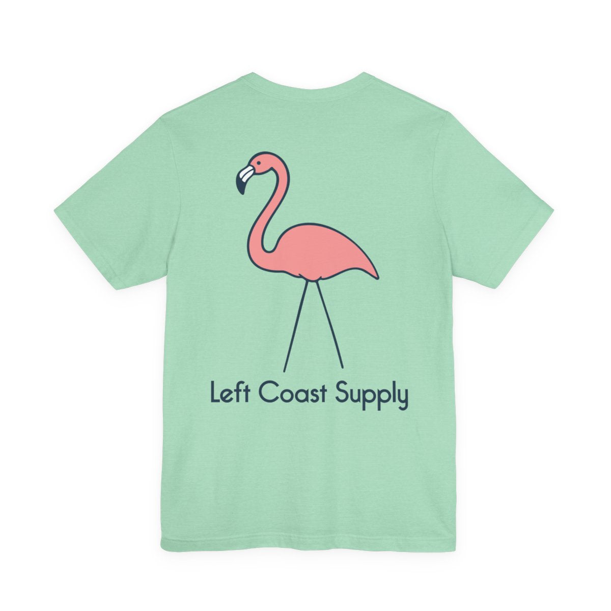 Light green t-shirt with a pink flamingo graphic and 'Left Coast Supply'