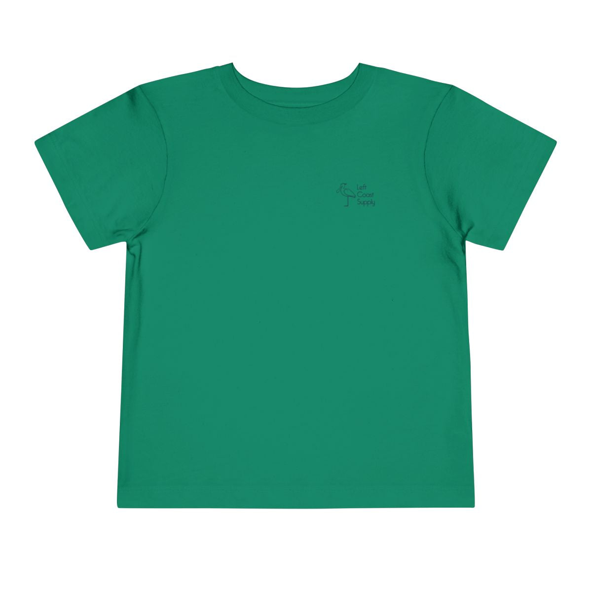 Green toddler T-shirt with the text 'Kiss Me I'm Ibis' and an illustration of an ibis bird and a pot of gold. Left Coast Supply