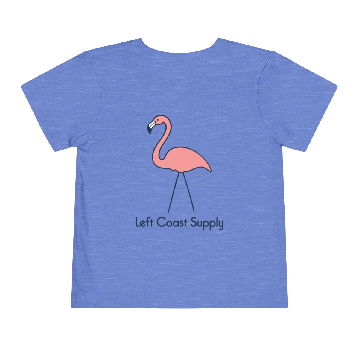 Blue toddler t-shirt with a pink flamingo graphic and 'Left Coast Supply' 