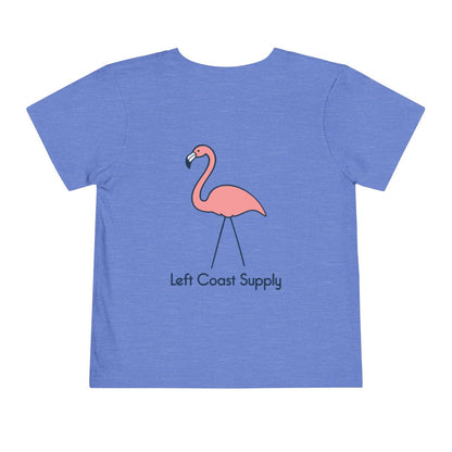 Blue toddler t-shirt with a pink flamingo graphic and 'Left Coast Supply' 