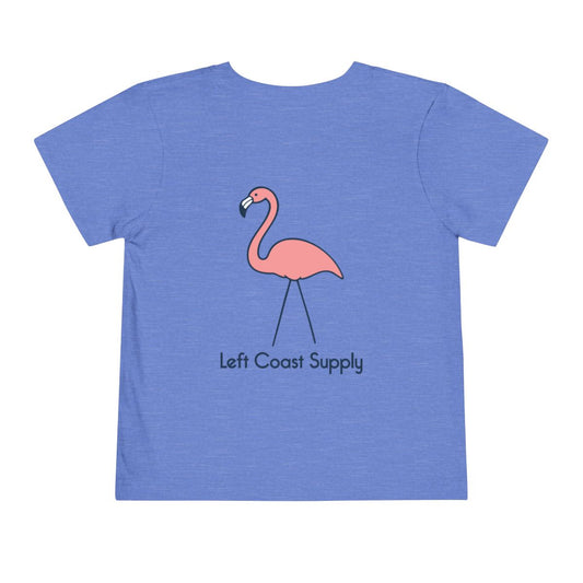 Blue toddler t-shirt with a pink flamingo graphic and 'Left Coast Supply' 