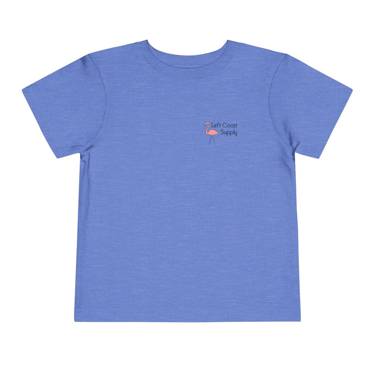 Blue toddler t-shirt with a pink flamingo graphic and 'Left Coast Supply' 