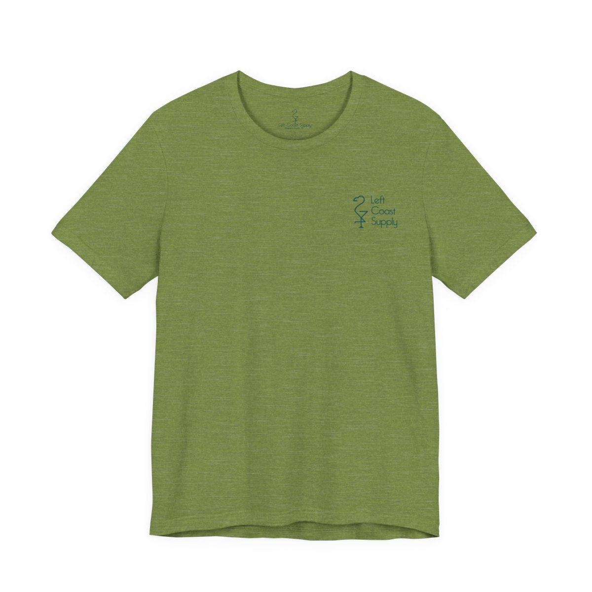 Green t-shirt with a leaf-patterned design on the back. Left Coast Supply