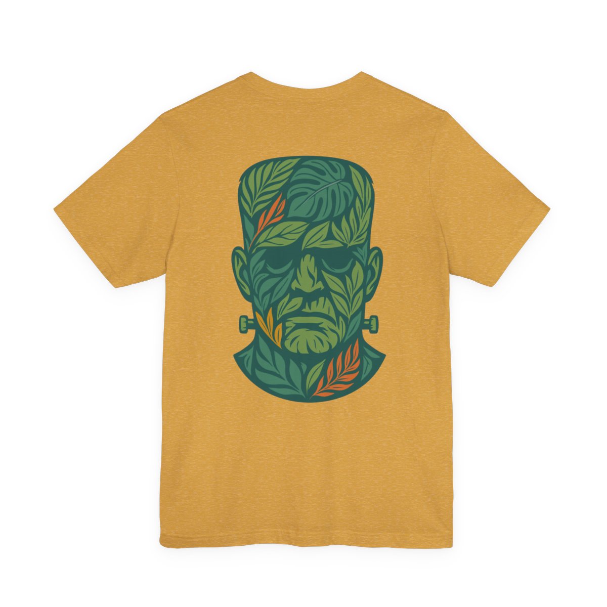 Yellow t-shirt with a leaf-patterned design on the back. Left Coast Supply