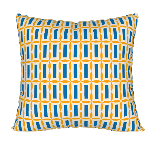 Blue and yellow block print tiki pillow case.