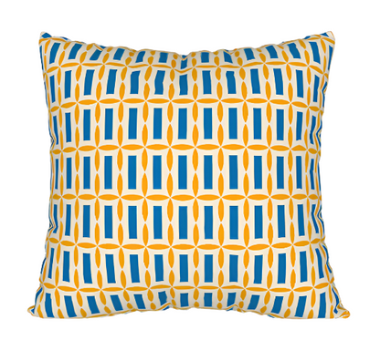 Blue and yellow block print tiki pillow case.